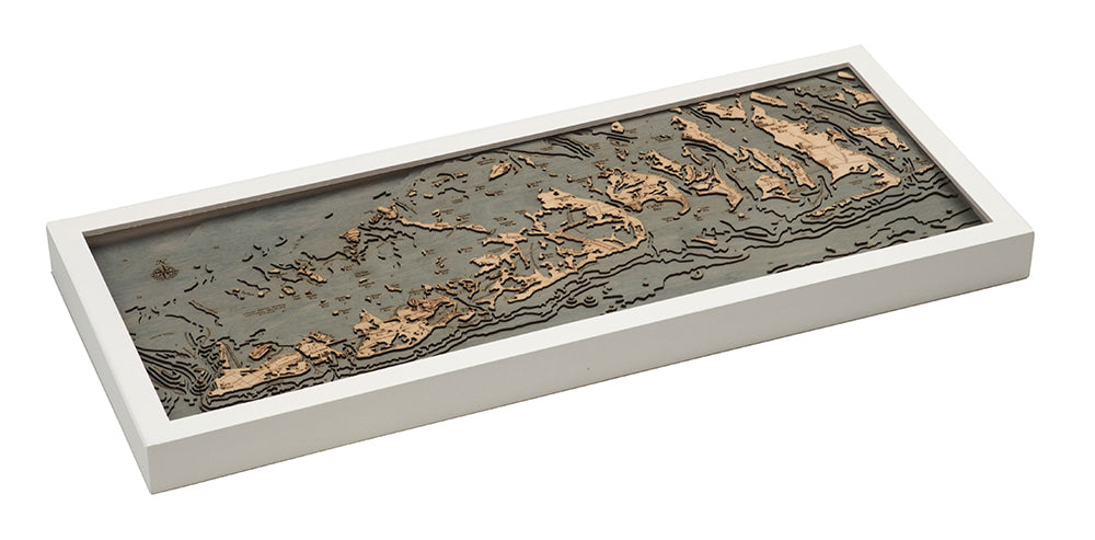 Florida Keys 3D layered wood map in laser-cut Baltic birch, shown framed against a light wall