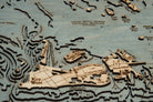 Florida Keys 3D layered wood map in laser-cut Baltic birch, shown framed against a light wall
