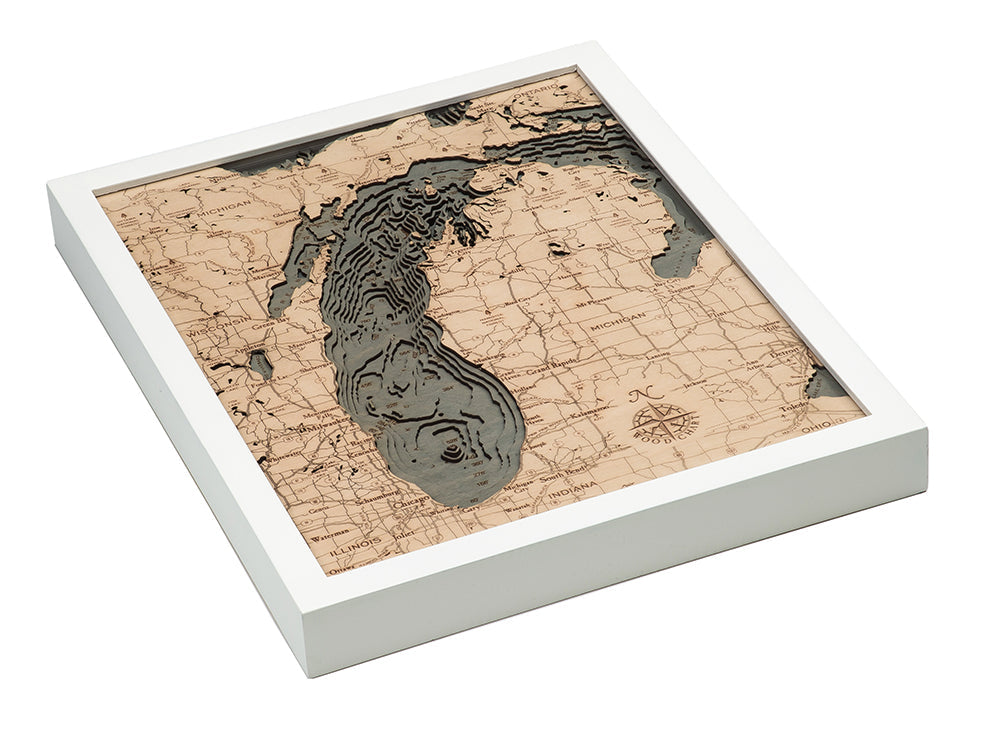 Lake Michigan 3D wood map, white frame