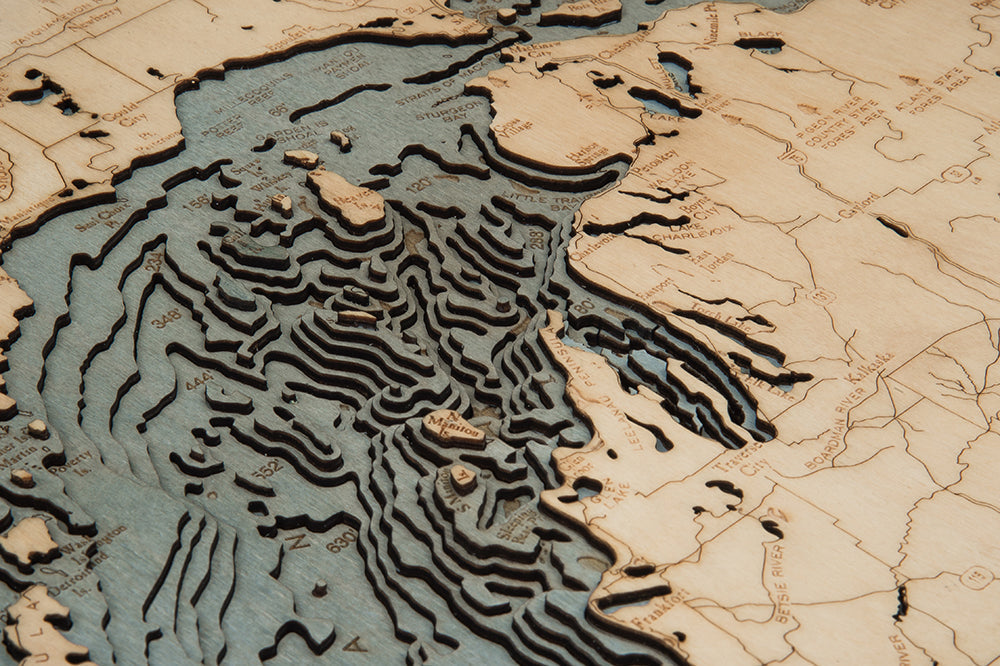 Lake Michigan 3D wood map, white frame
