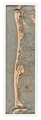 Longboat Key, Florida 3D layered wood map in laser-cut Baltic birch, shown framed against a light wall