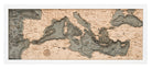 Mediterranean Sea 3D layered wood map in laser-cut Baltic birch, shown framed against a light wall