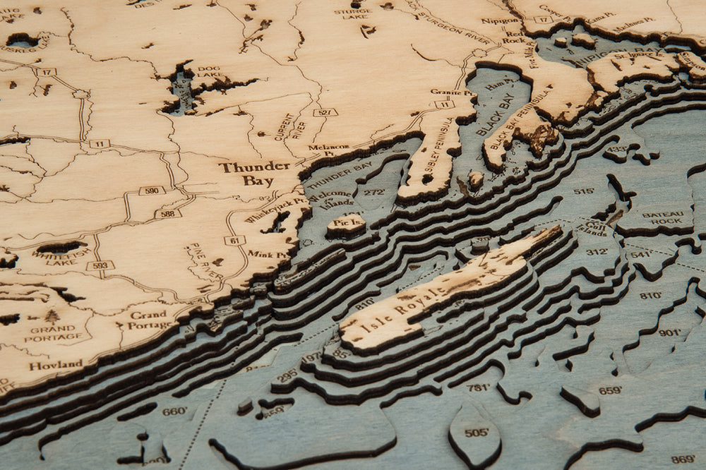 Lake Superior, Michigan 3D wood map, white frame