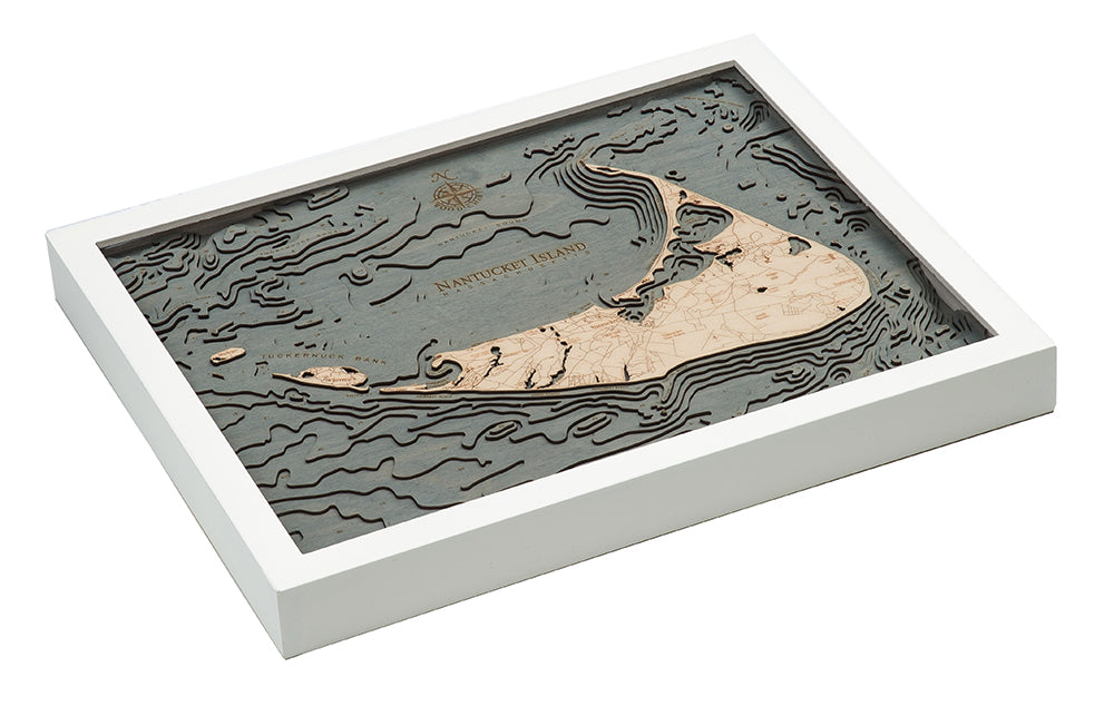 Nantucket, Massachusetts 3D wood map, white frame