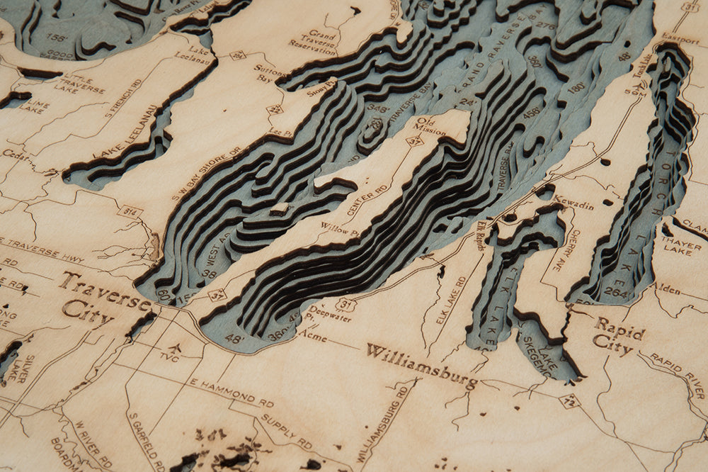 Northwest Michigan 3D wood map, white frame