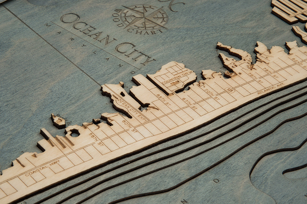 Ocean City, Maryland 3D wood map, white frame