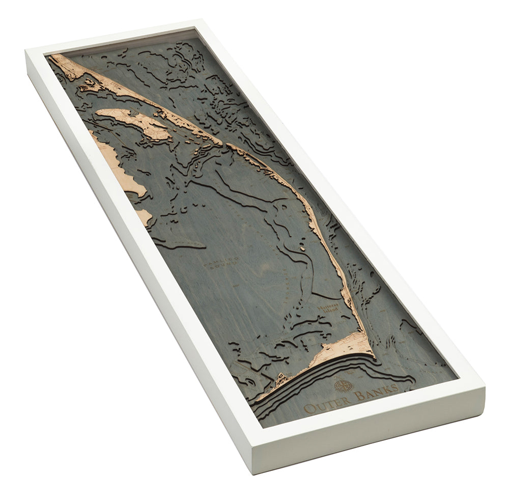 Outer Banks, North Carolina 3D wood map, white frame