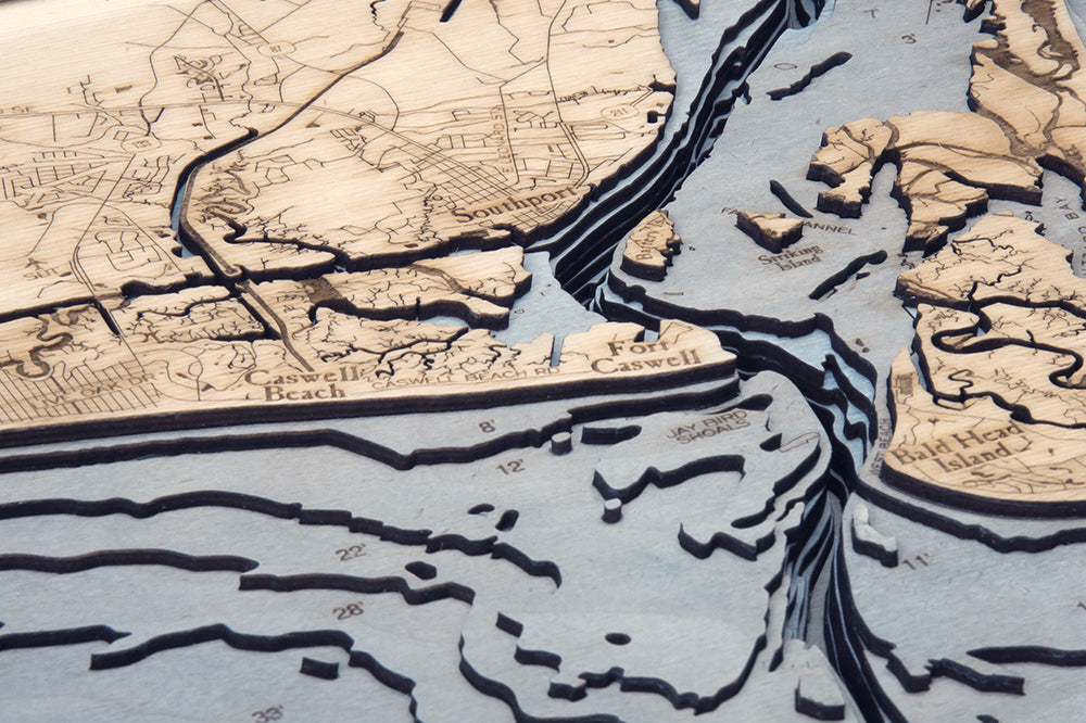 Sunset Beach to Cape Fear 3D wood map, white frame