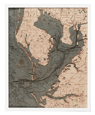 Tampa Bay, Florida 3D layered wood map in laser-cut Baltic birch, shown framed against a light wall