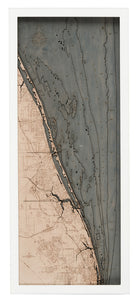 Treasure Coast, Florida 3D layered wood map in laser-cut Baltic birch, shown framed against a light wall