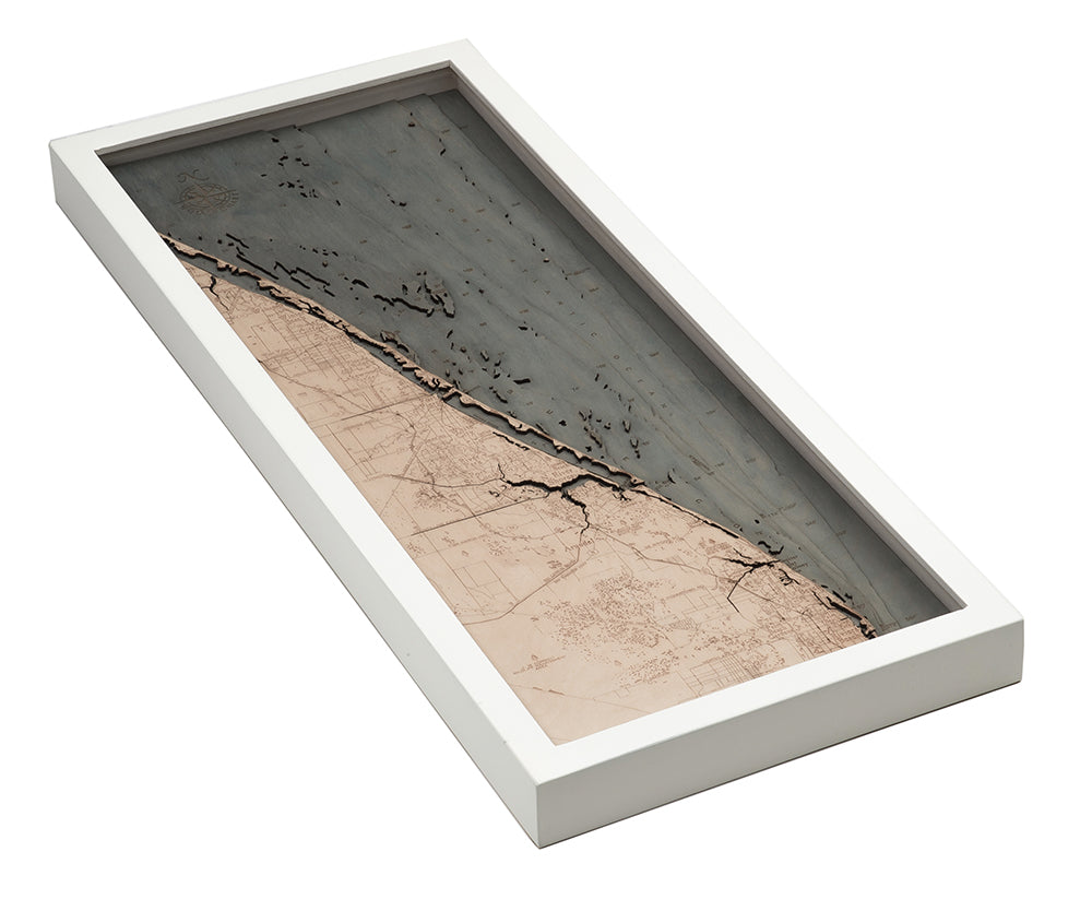 Treasure Coast, Florida 3D layered wood map in laser-cut Baltic birch, shown framed against a light wall