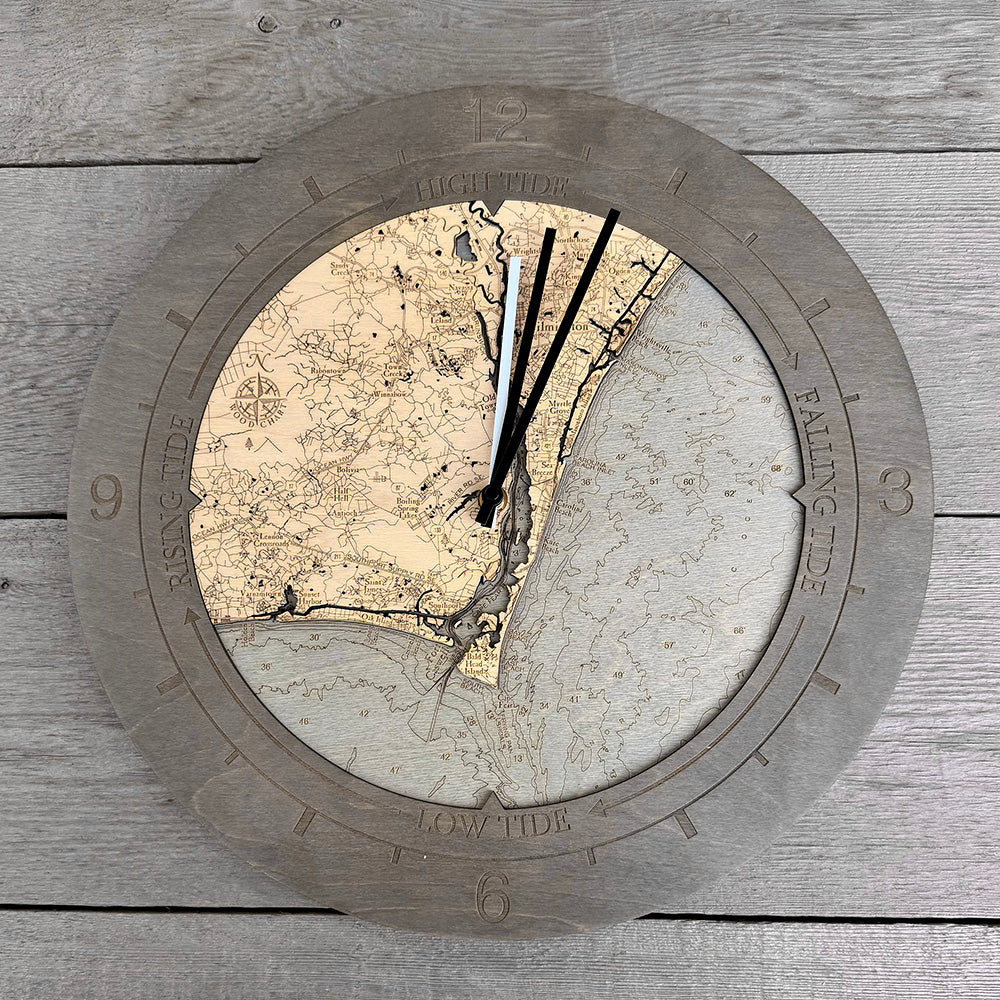 Cape Fear tide and time clock in laser-cut Baltic birch