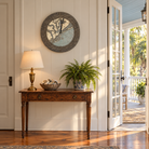 Charleston tide and time clock hanging above a console table in a bright entry hall with doors open to a porch