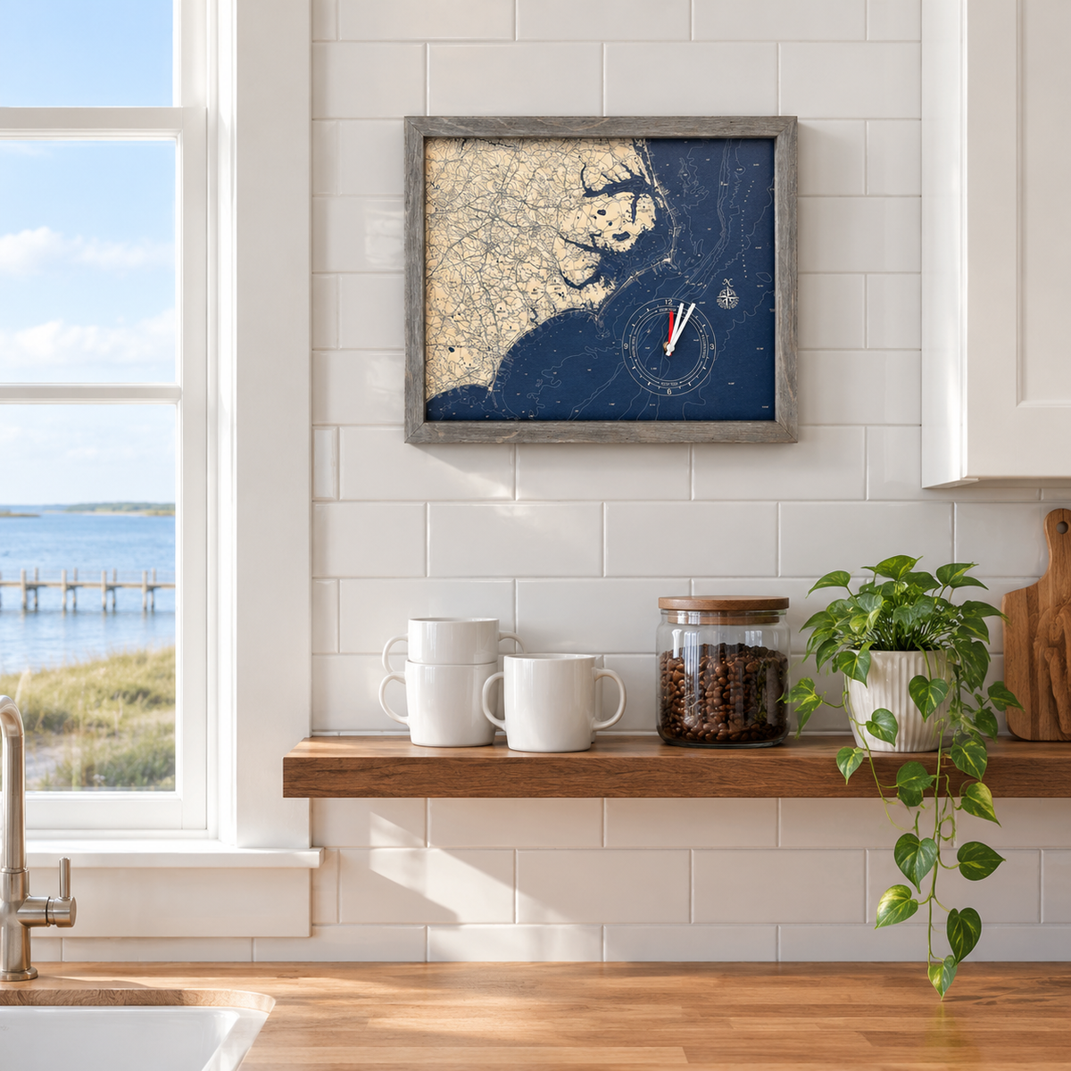 North Carolina Coast framed tide and time clock hanging on the wall in a coastal kitchen
