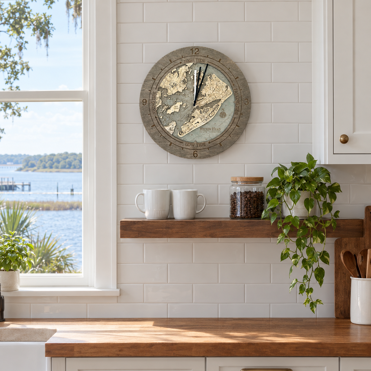Hilton Head, South Carolina tide and time clock hanging on the wall in a coastal kitchen