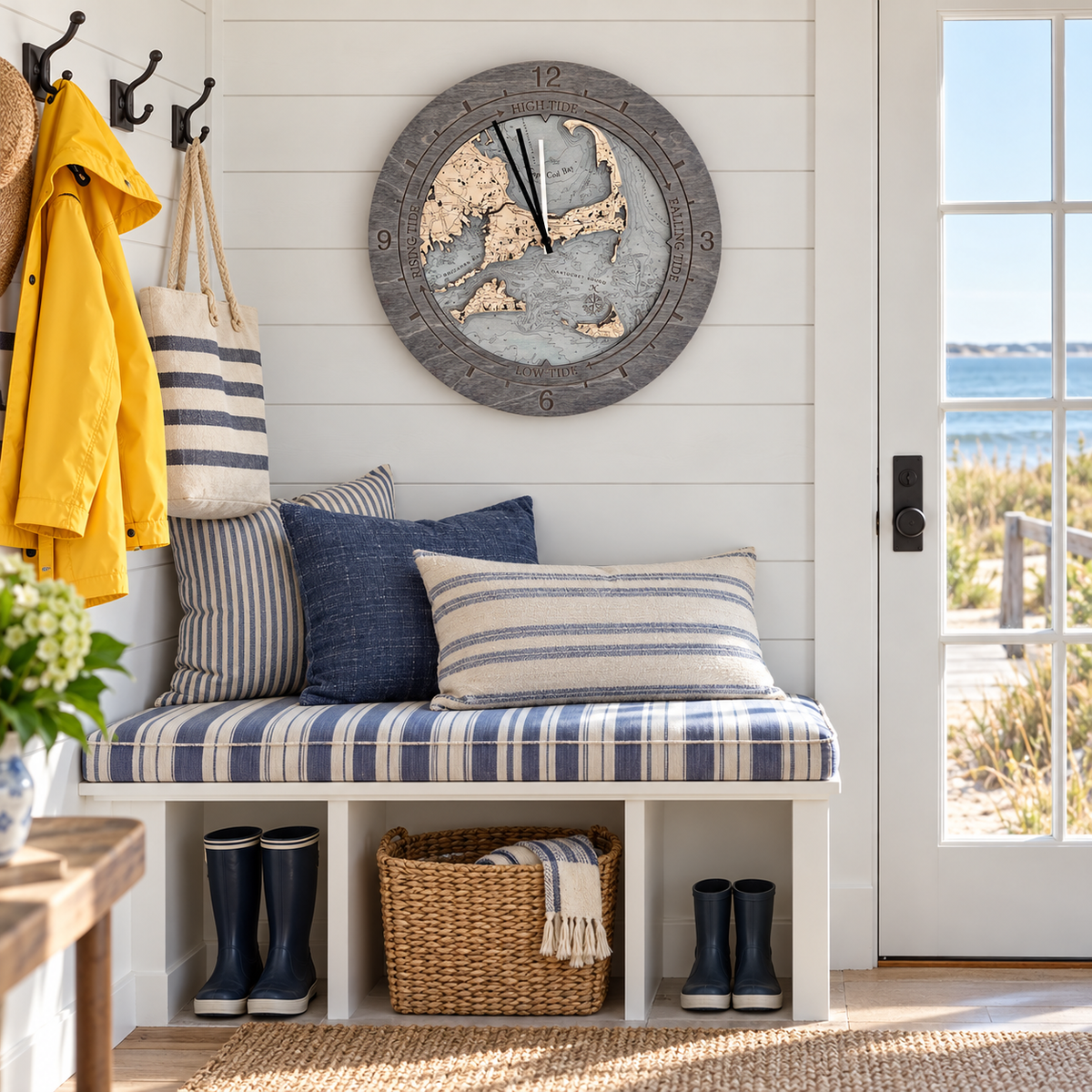 Cape Cod tide and time clock hanging above a striped bench in a white shiplap mudroom by a door to the dunes