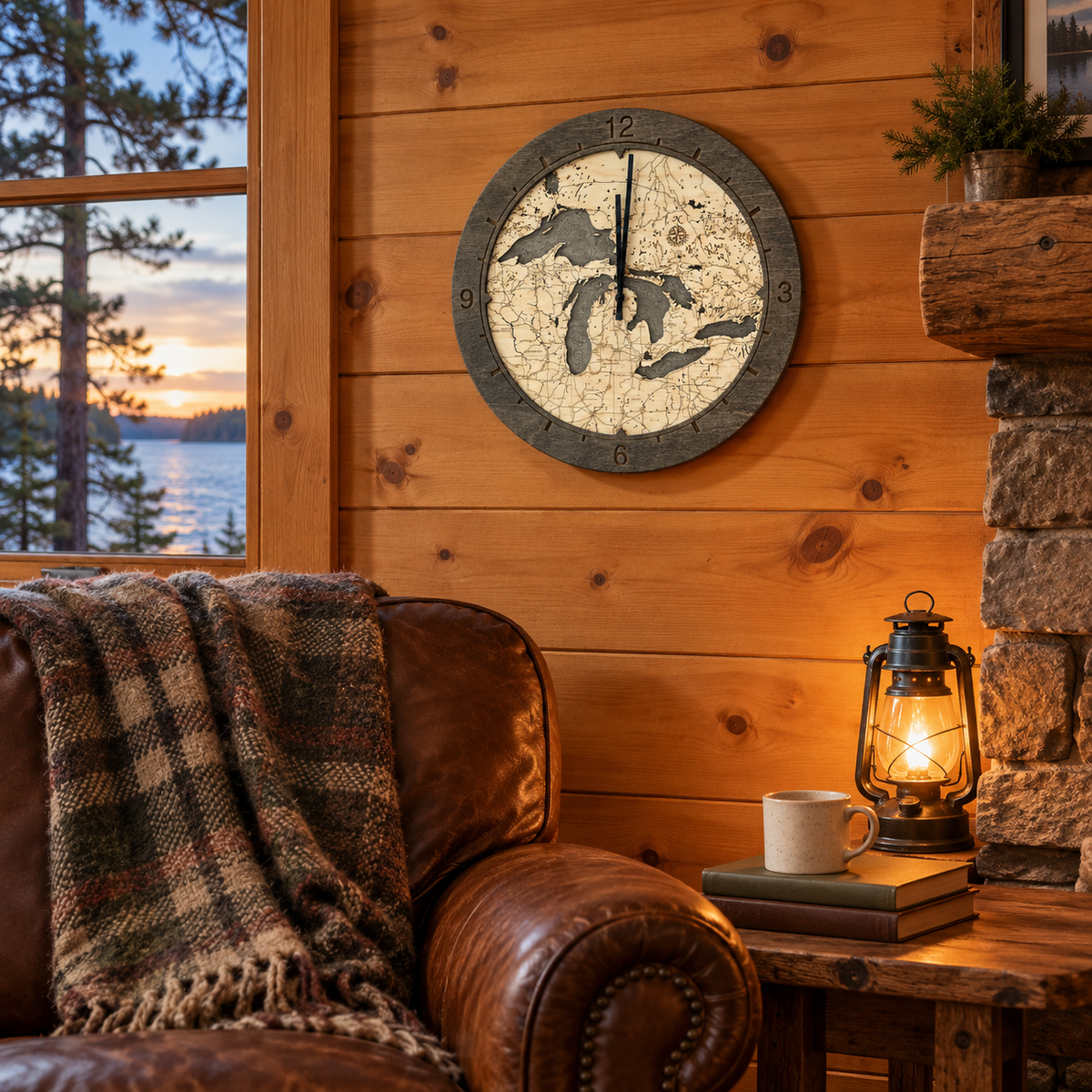 Great Lakes wood ring clock hanging on the wall in a lake cabin den