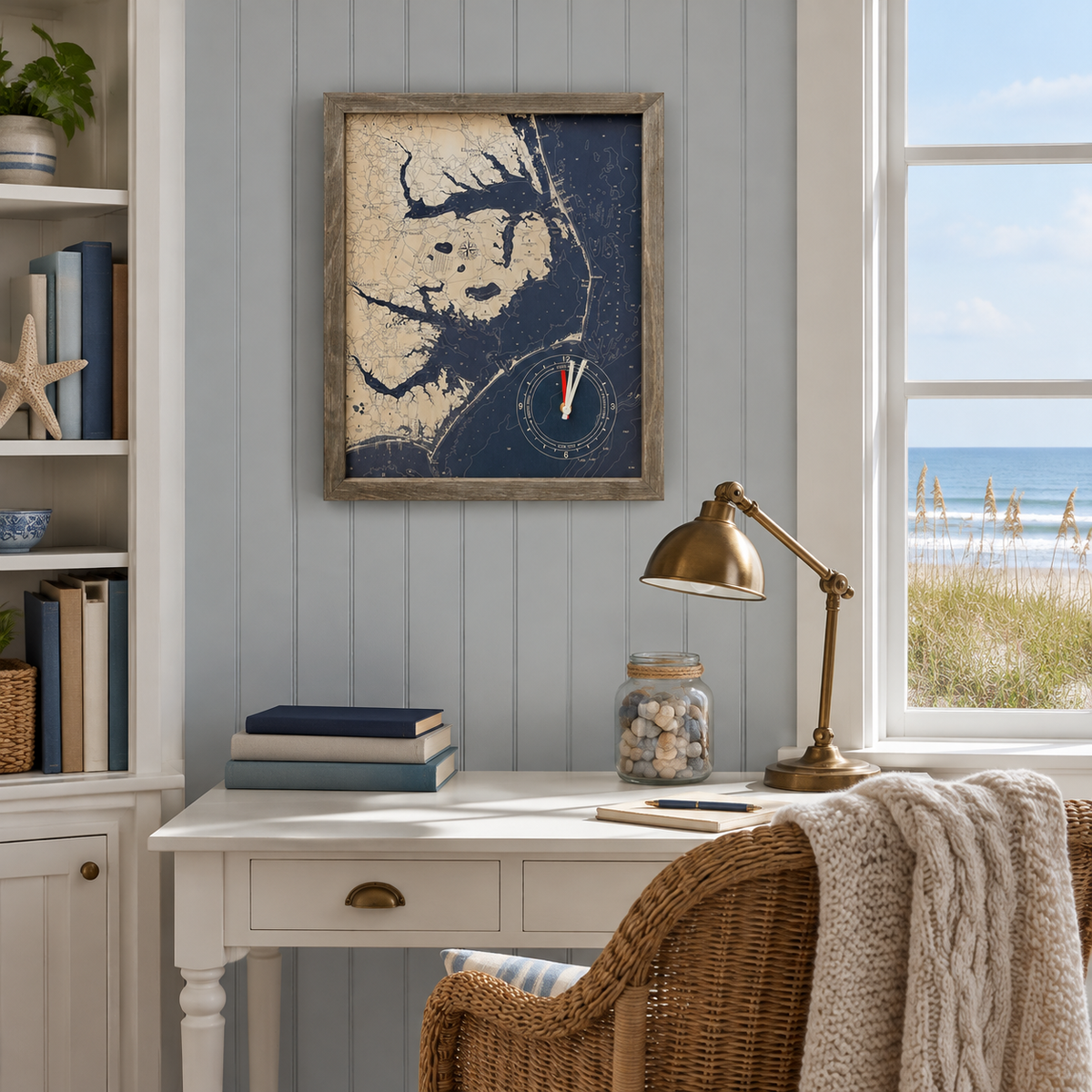Outer Banks, North Carolina framed tide and time clock hanging on the wall in a cottage reading nook