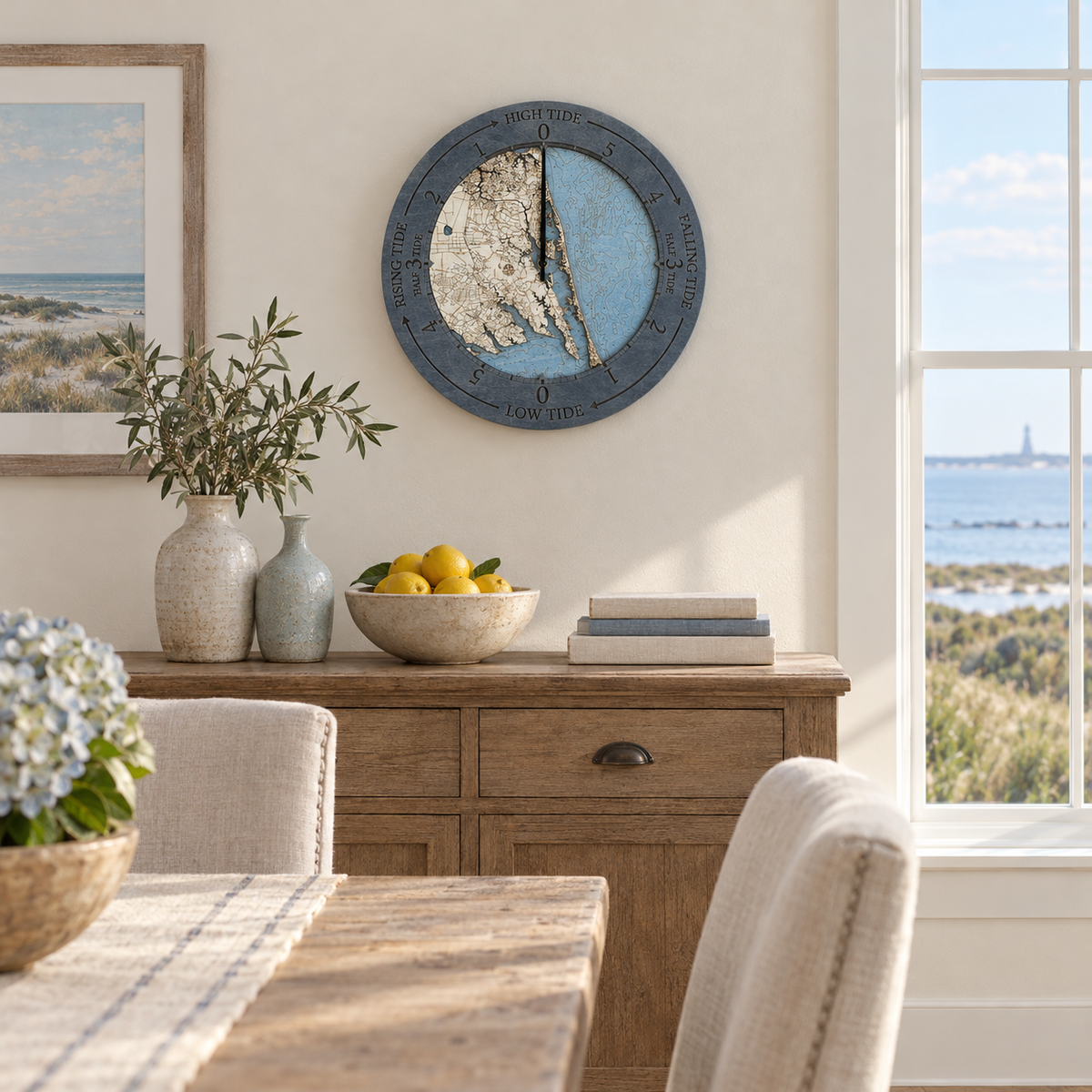 Virginia Beach to Kitty Hawk wood tide clock hanging on the wall in a coastal dining room