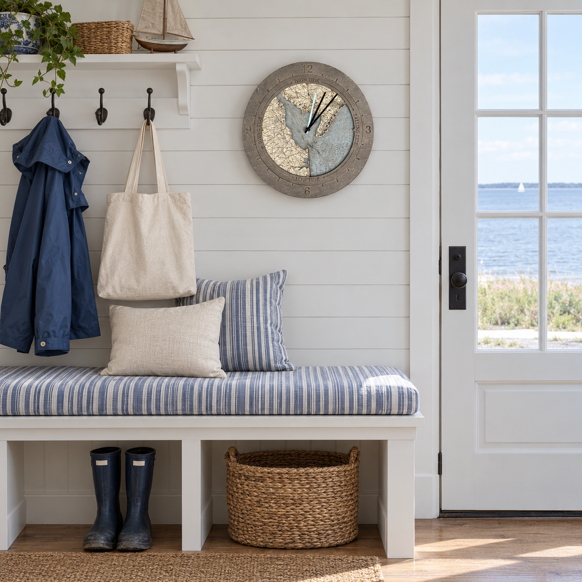 Delaware Bay tide and time clock hanging on the wall in a cottage mudroom