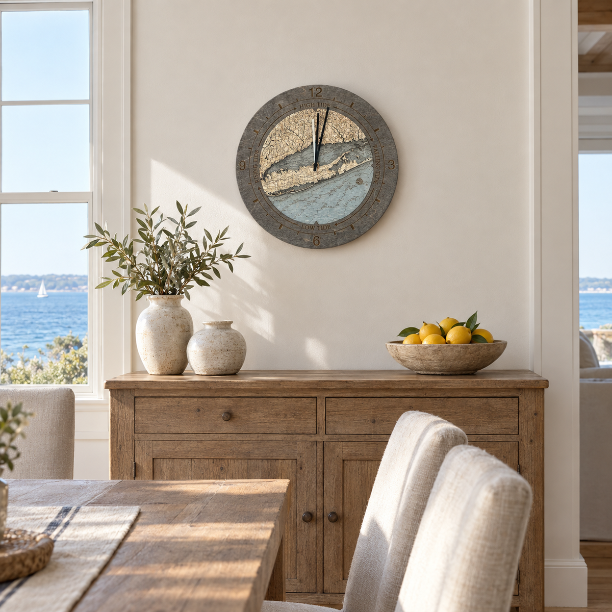 Long Island Sound tide and time clock hanging on the wall in a coastal dining room