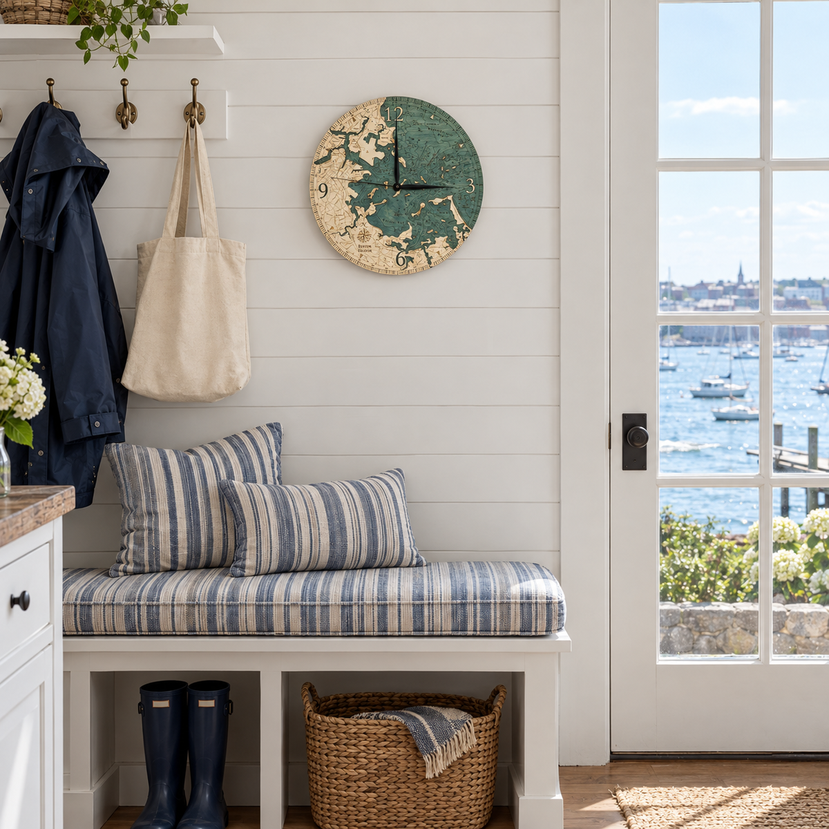 Boston Harbor, Massachusetts wood wall clock hanging on the wall in a cottage mudroom