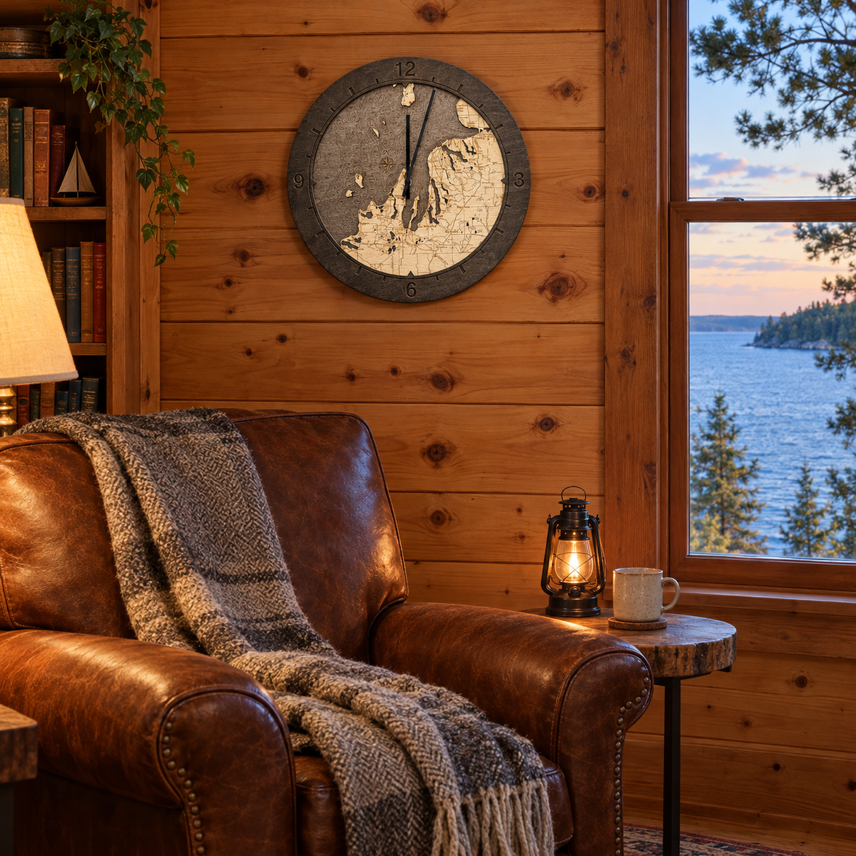 Northwest Michigan wood ring clock hanging on the wall in a lake cabin den