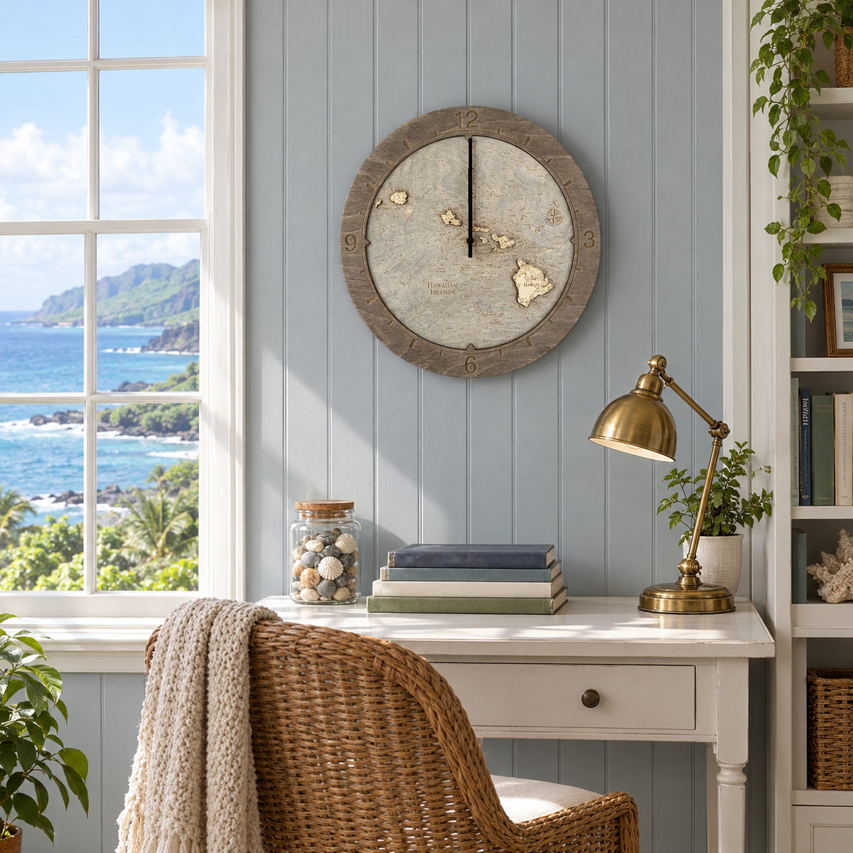 Hawaiian Islands wood ring clock hanging on the wall in a cottage reading nook