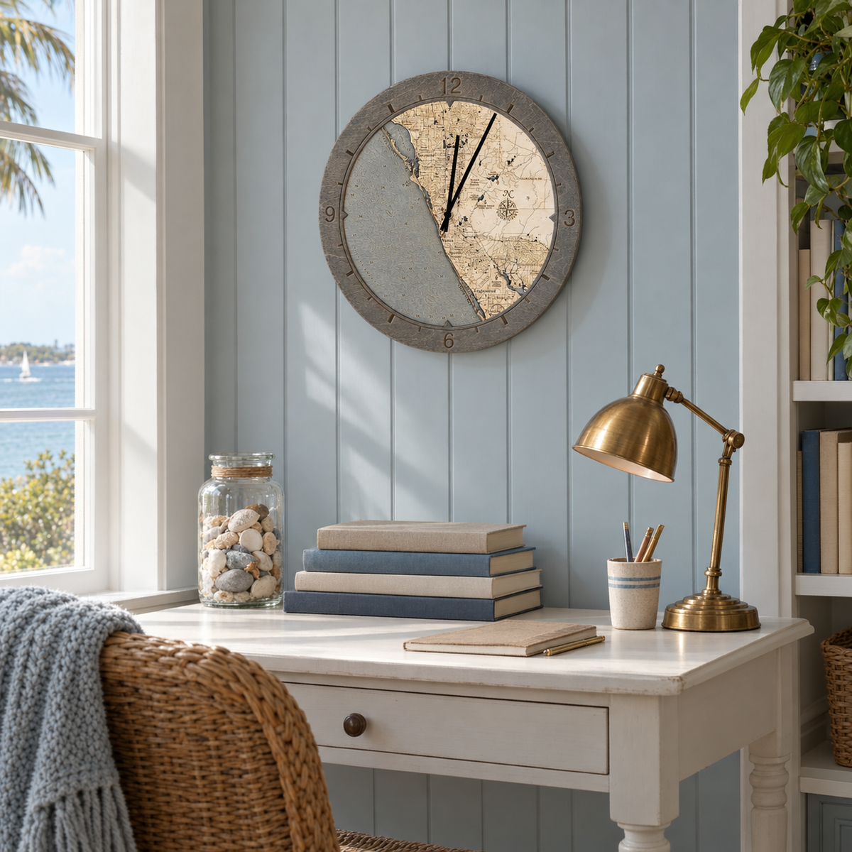 Sarasota to Englewood, Florida wood ring clock hanging on the wall in a cottage reading nook