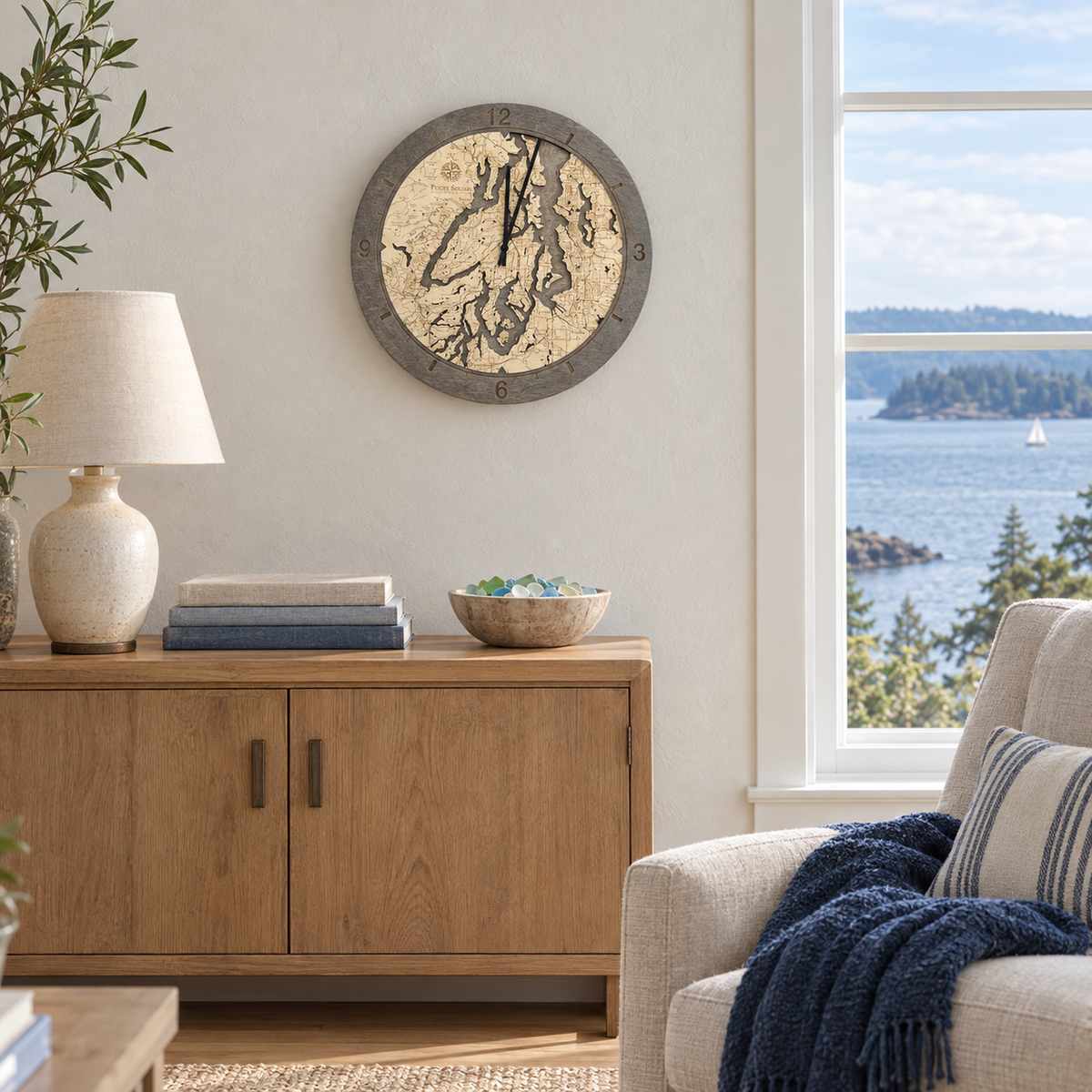 Puget Sound, Washington wood ring clock hanging on the wall in a coastal living room