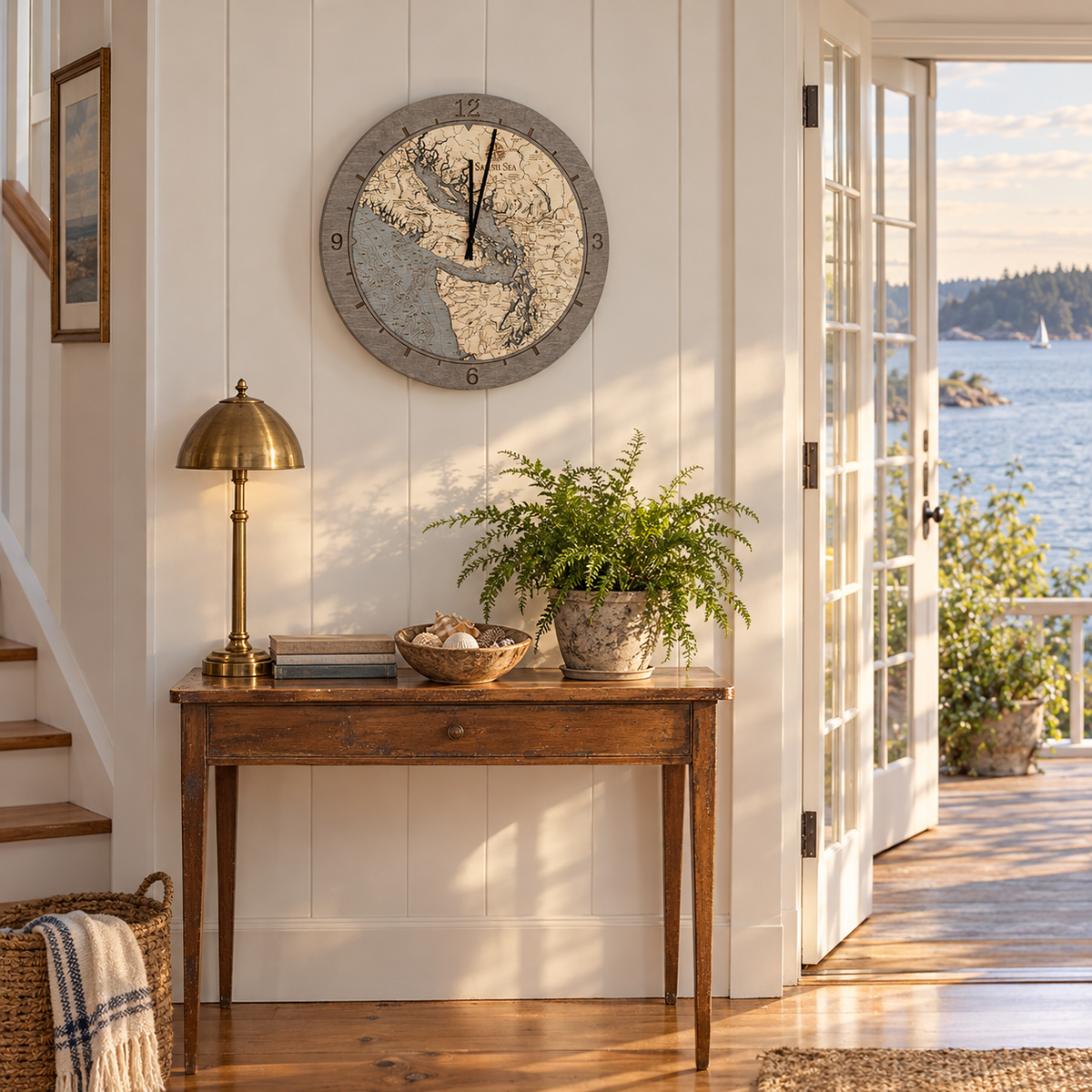 Salish Sea, Washington wood ring clock hanging on the wall in a bright entry hall
