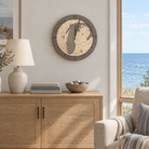 Lake Michigan wood ring clock hanging on the wall in a lake house living room