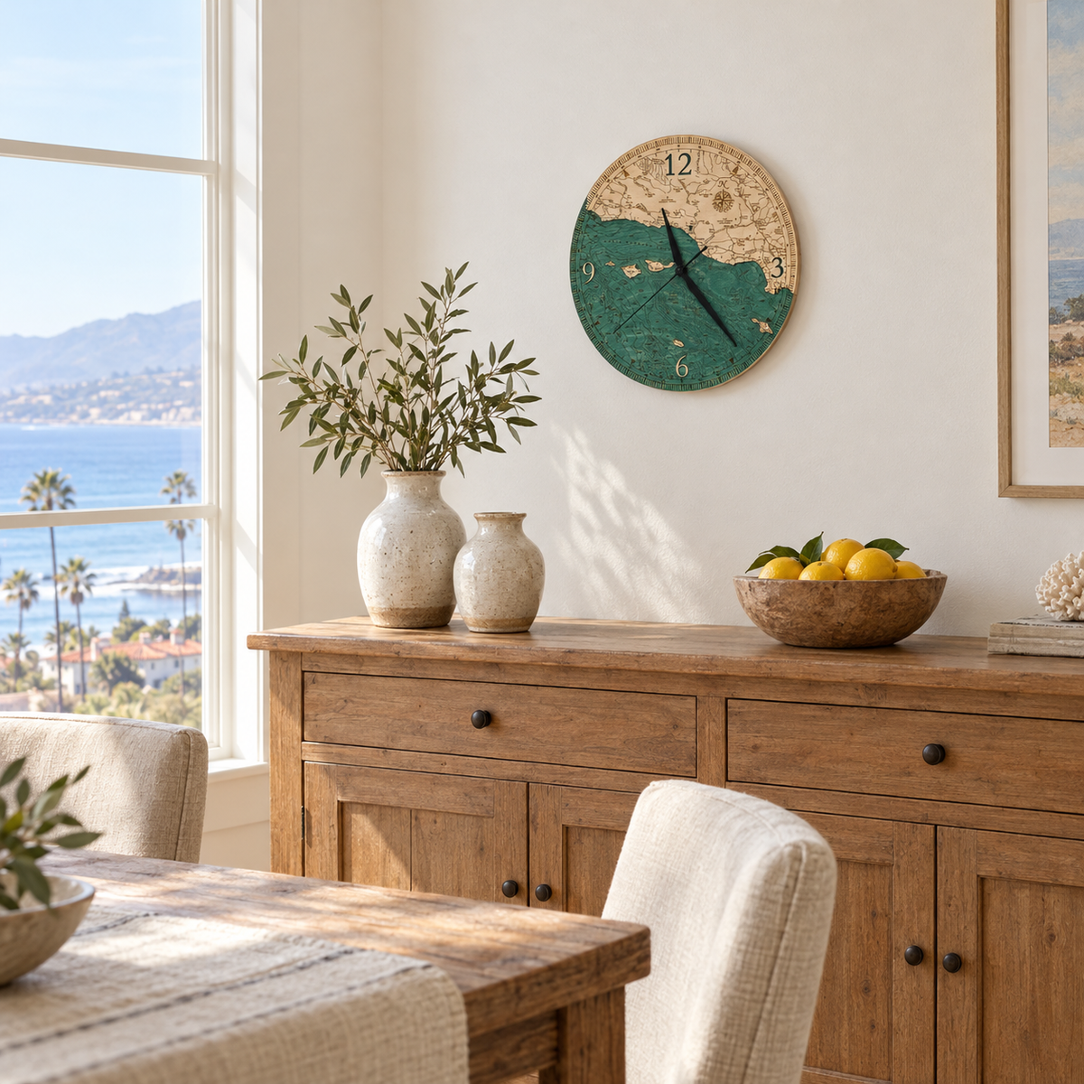 Santa Barbara, California wood wall clock hanging on the wall in a coastal dining room
