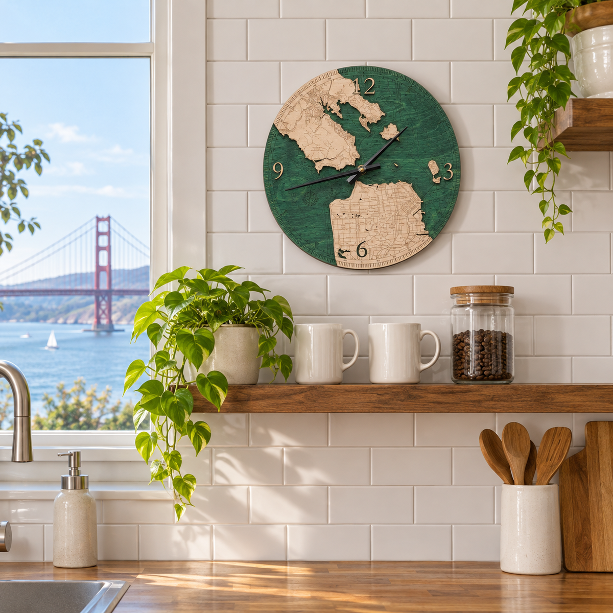 Golden Gate, California wood wall clock hanging on the wall in a coastal kitchen
