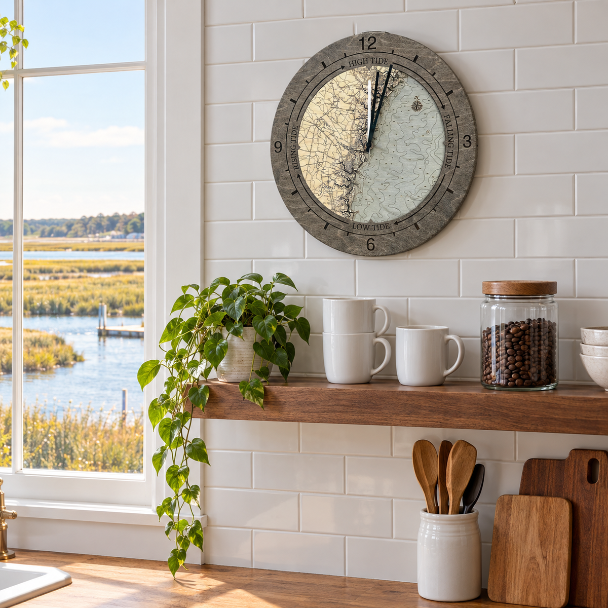 Georgia Coast tide and time clock hanging on the wall in a coastal kitchen