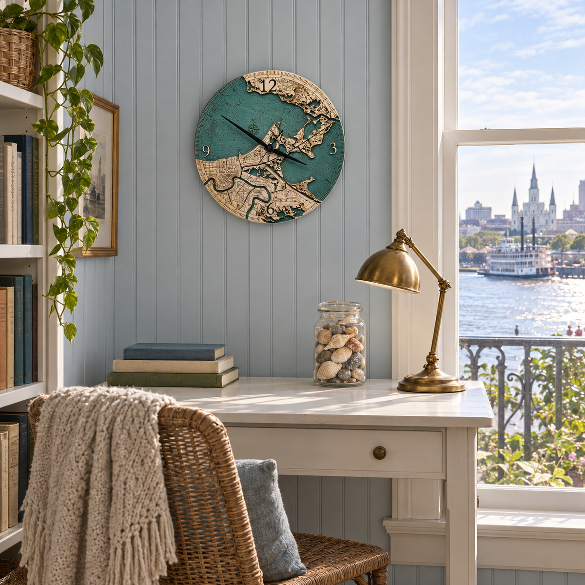 New Orleans, Louisiana wood wall clock hanging on the wall in a cottage reading nook