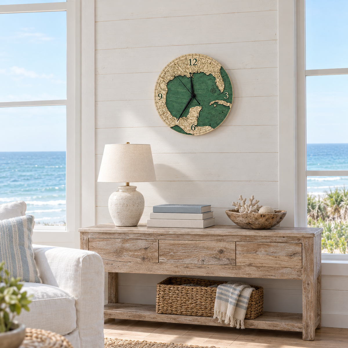 Gulf of Mexico wood wall clock hanging on the wall in a beach house great room