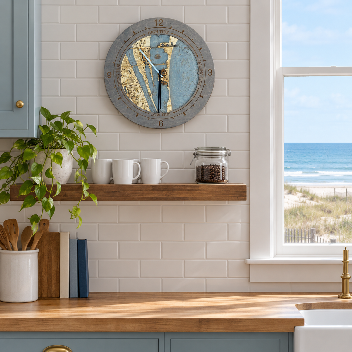 Cocoa Beach, Florida tide and time clock hanging on the wall in a coastal kitchen