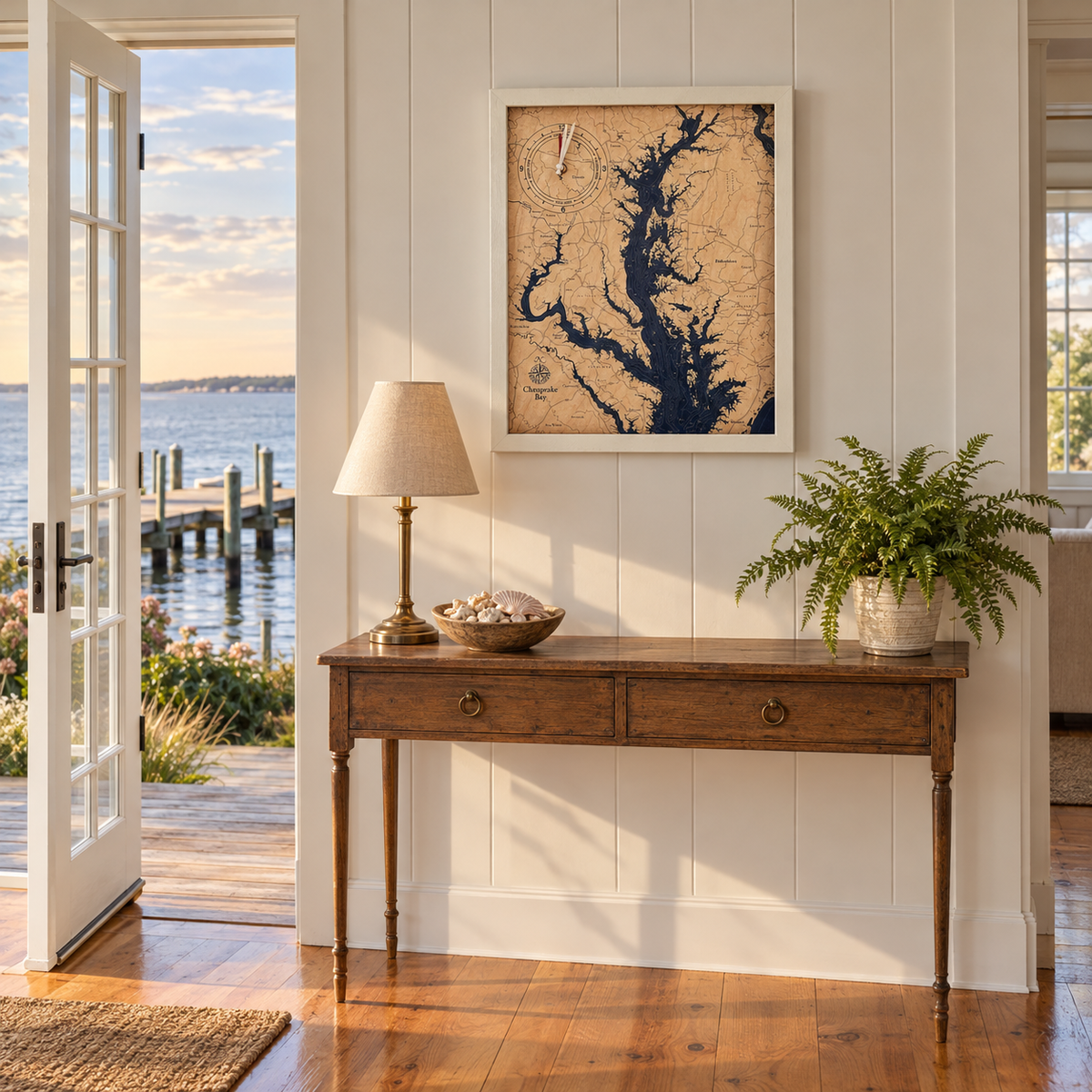Chesapeake Bay, Maryland framed tide and time clock hanging on the wall in a bright entry hall