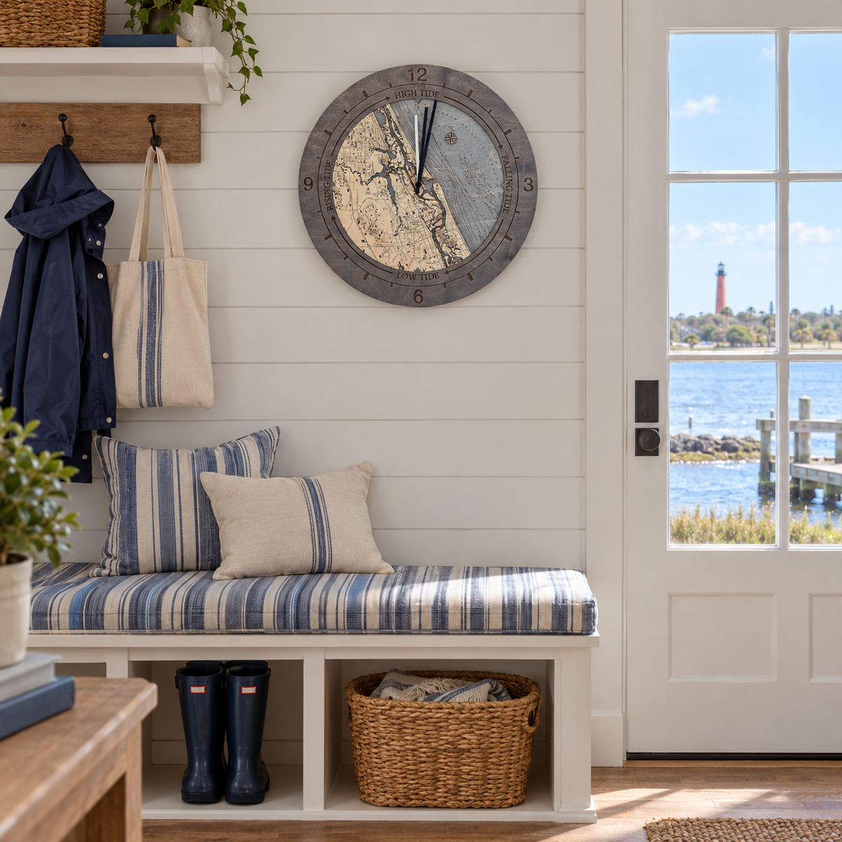 Ponce Inlet, Florida tide and time clock hanging on the wall in a cottage mudroom