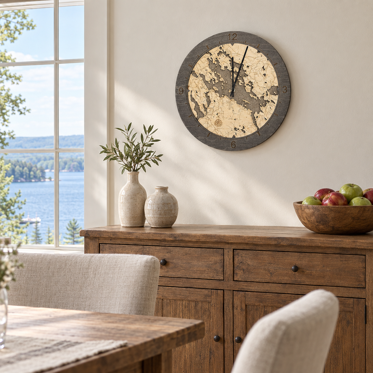 Lake Winnipesaukee, New Hampshire wood ring clock hanging on the wall in a sunlit dining room