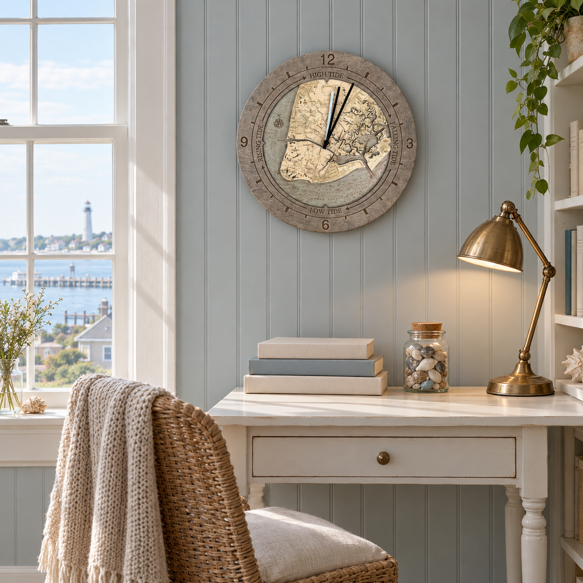 Cape May, New Jersey tide and time clock hanging on the wall in a cottage reading nook
