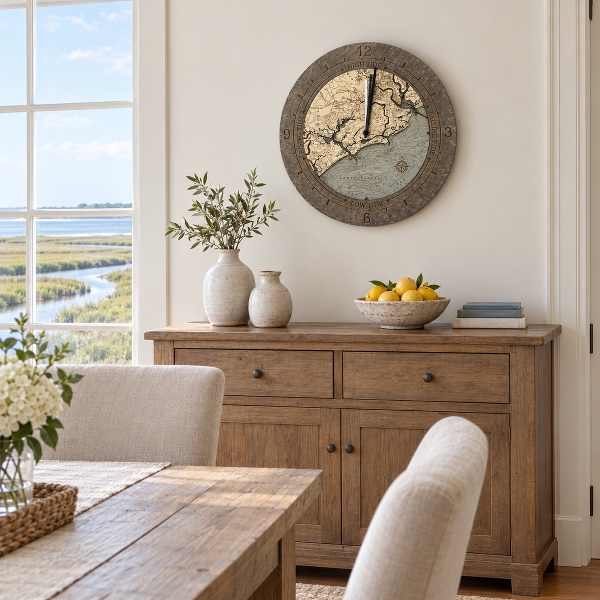 Edisto Island to Folly Beach, South Carolina tide and time clock hanging on the wall in a coastal dining room