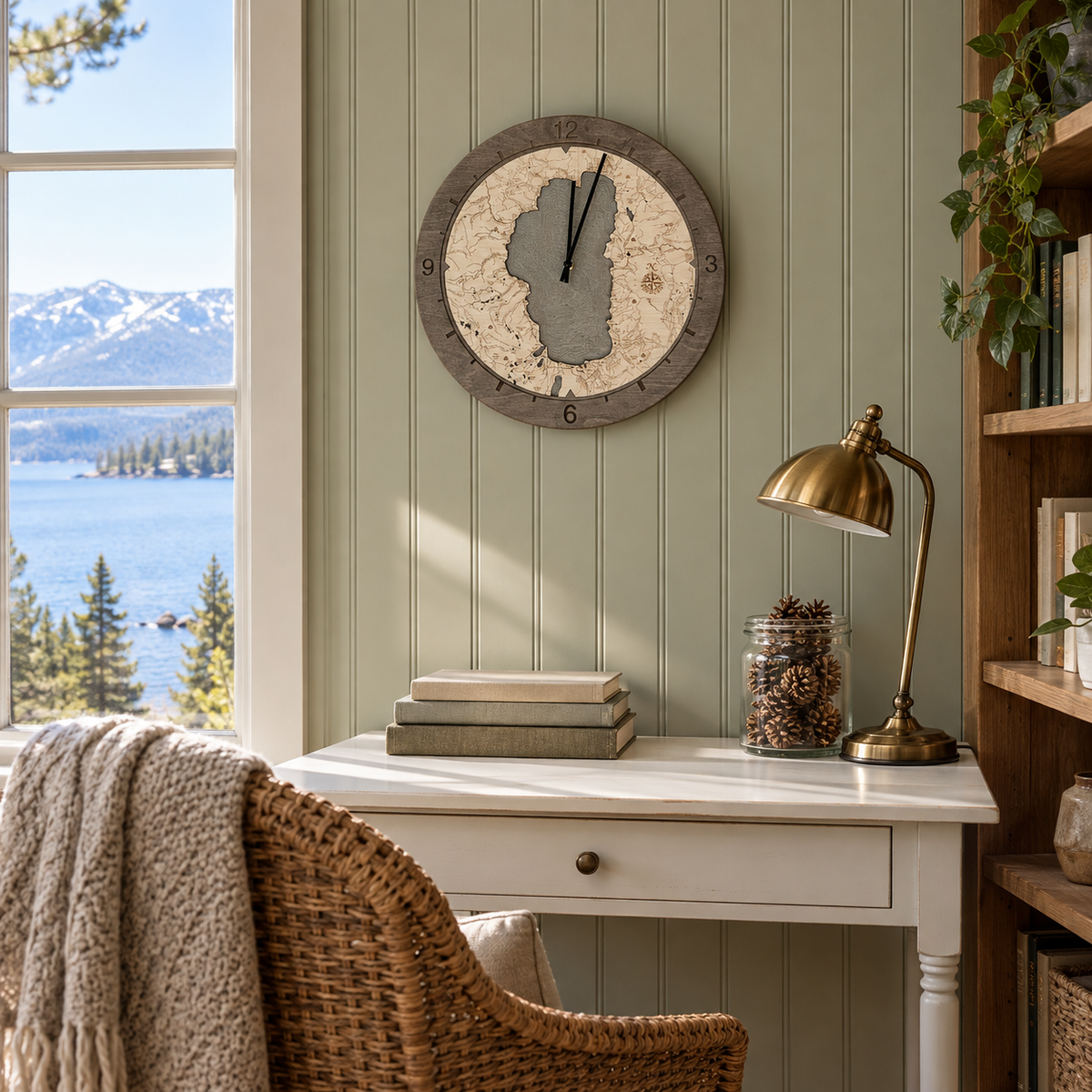 Lake Tahoe, California wood ring clock hanging on the wall in a reading nook