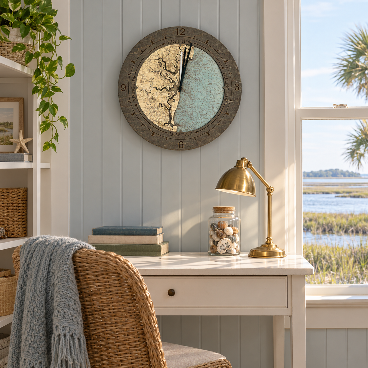 Jekyll Island to Cumberland Island, Georgia tide and time clock hanging on the wall in a cottage reading nook