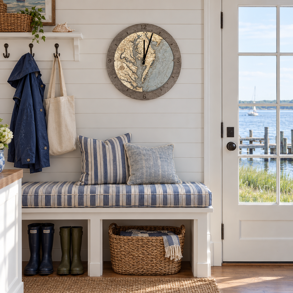 Chesapeake Bay, Maryland wood ring clock hanging on the wall in a cottage mudroom