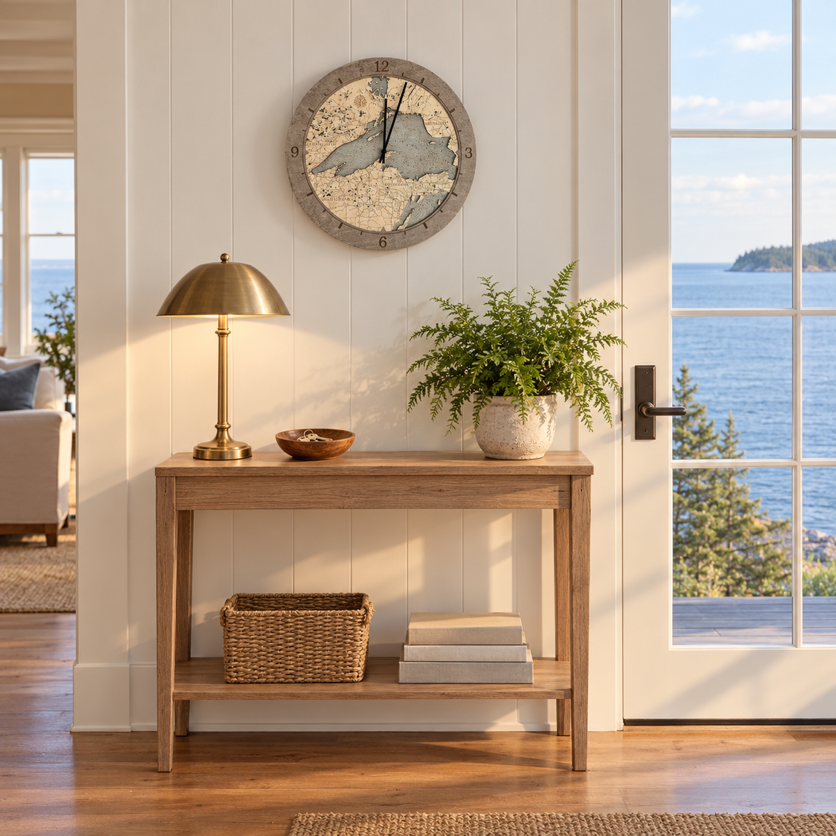 Lake Superior, Michigan wood ring clock hanging on the wall in a bright entry hall