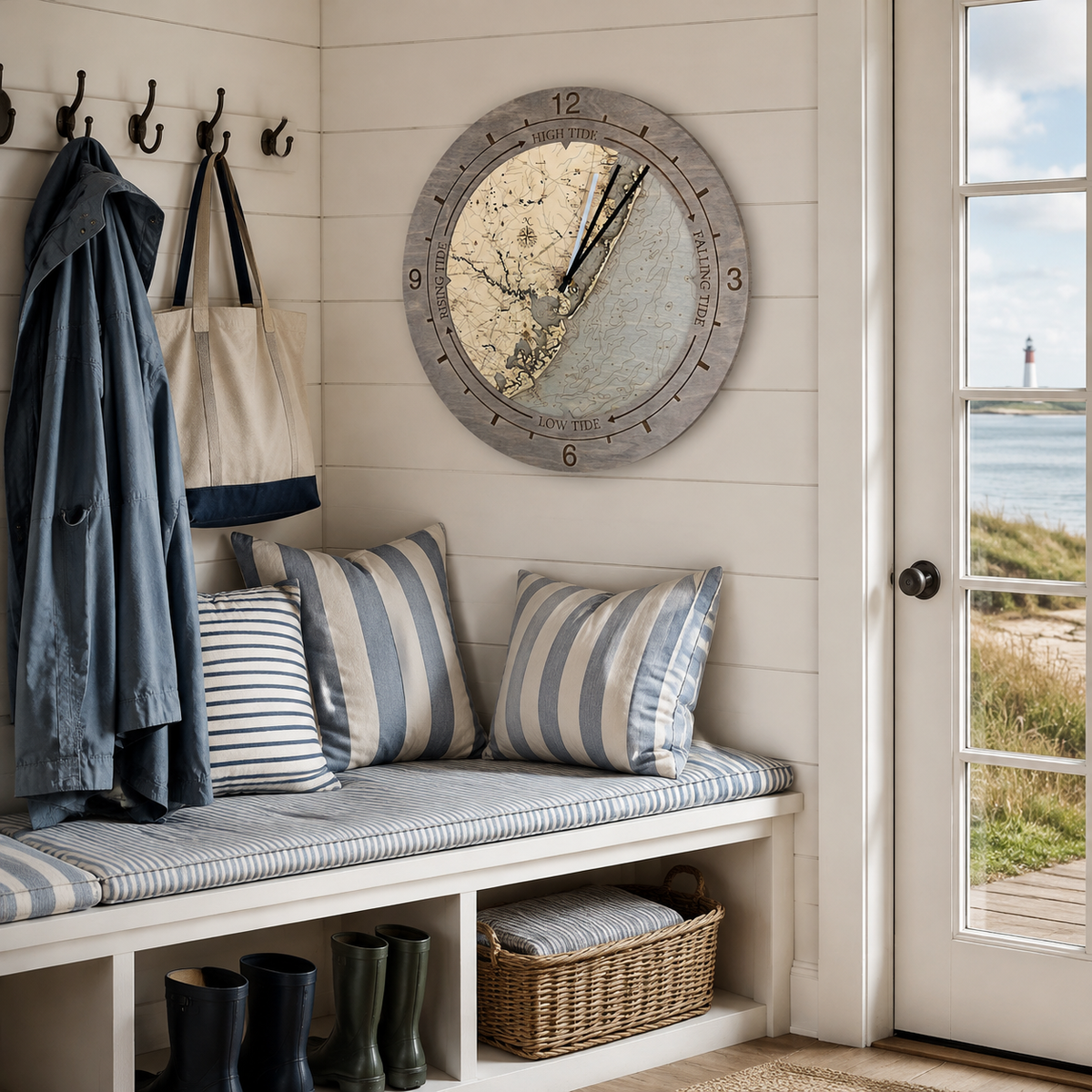 Barnegat Light to Atlantic City, New Jersey tide and time clock hanging on the wall in a cottage mudroom