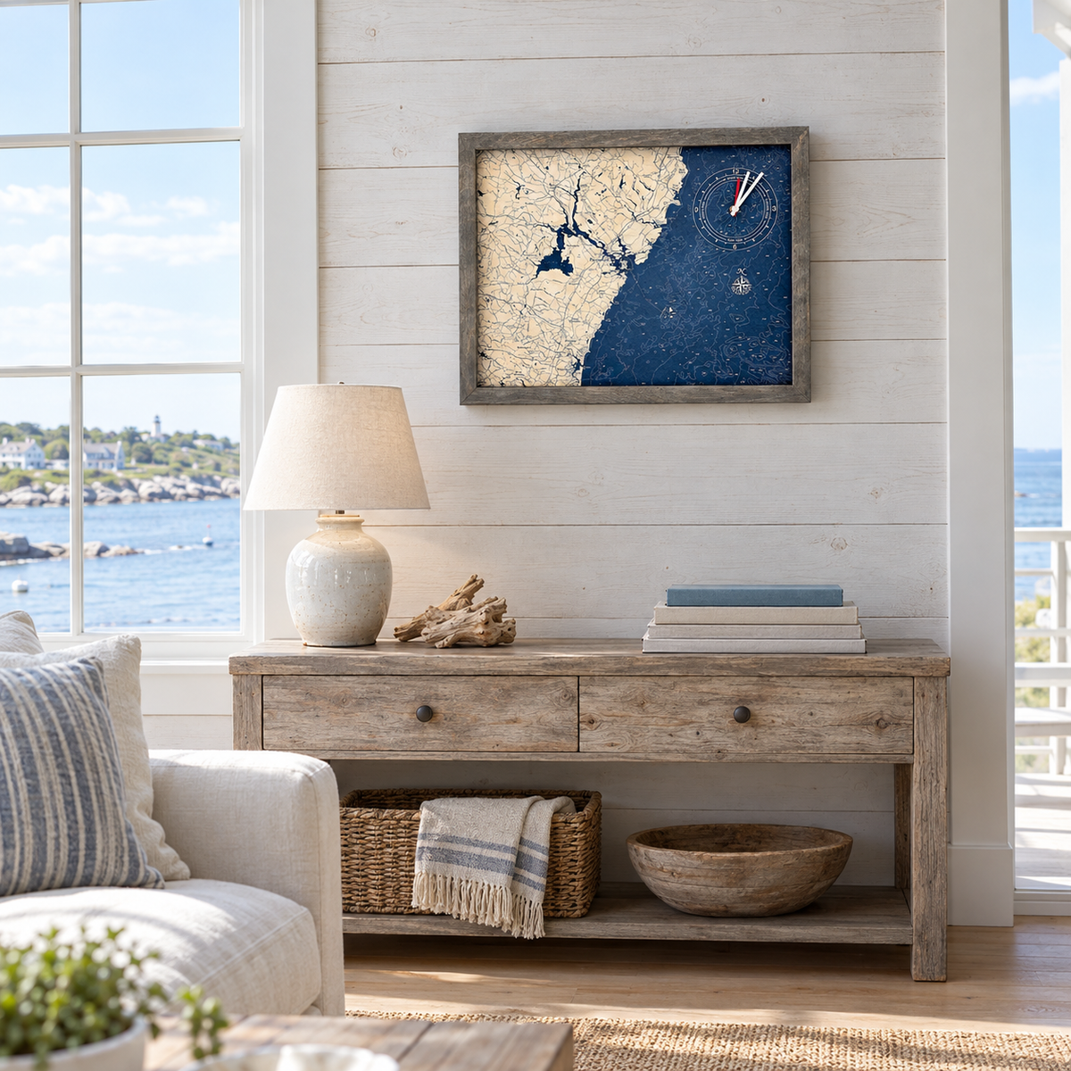 New Hampshire Coast framed tide and time clock hanging on the wall in a beach house great room