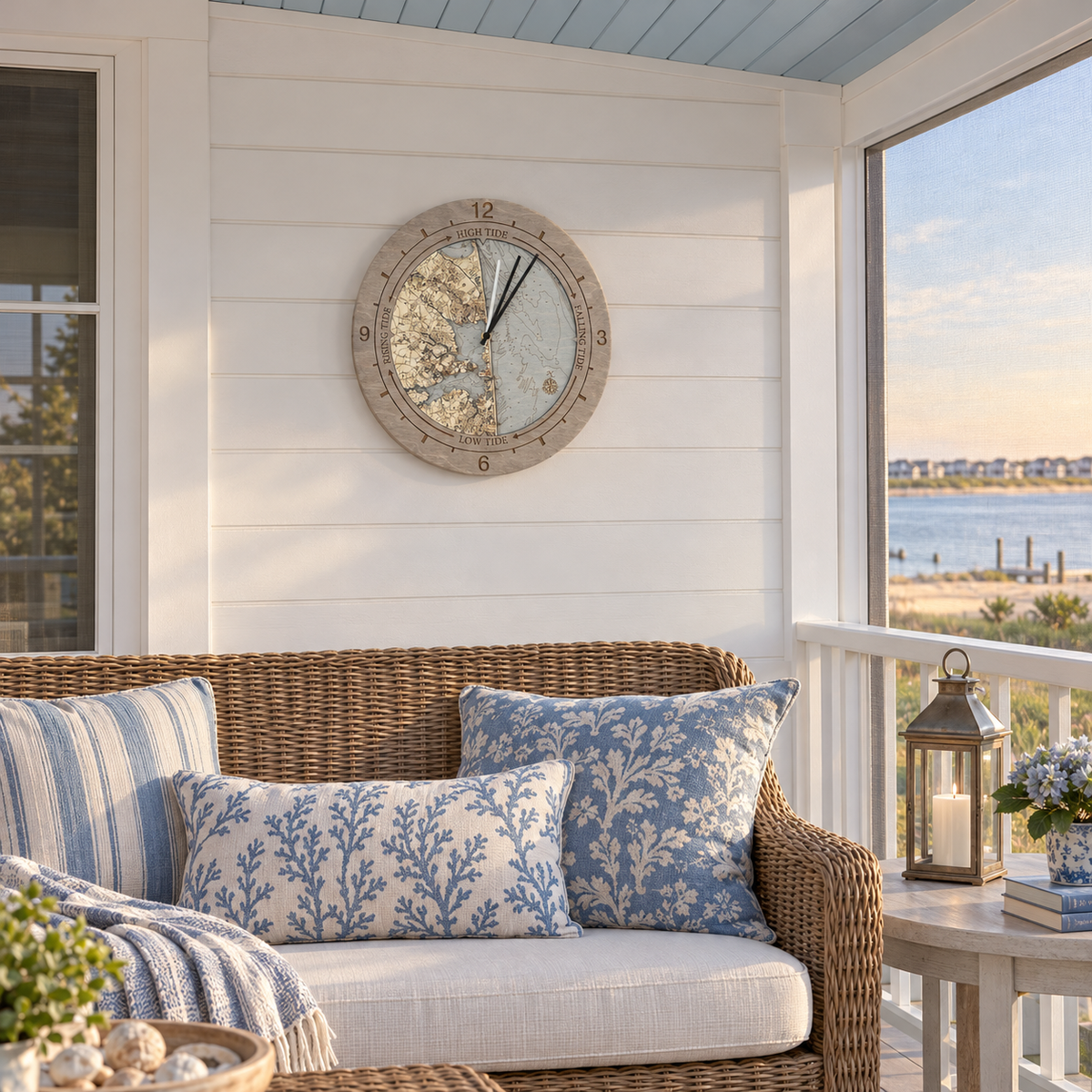 Rehoboth Beach, Delaware tide and time clock hanging on the wall on a screened porch